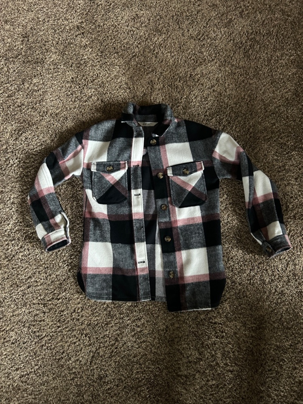 H&M Black, Gray and Pink Plaid Button-Up Jacket